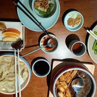 Mushroom dumplings, Tofu and mushrooms, deep fried green beans and fermented soy beans (Sufu) at Puti Vegetarian in Xiamen