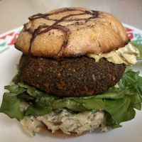 Sweet-onion falafel burger! Vegan as is. at World Street Kitchen in Minneapolis