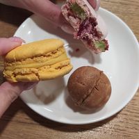 Exotic and raspberry-matcha macaroons, walnut-shaped cookie Horishok with vegan condensed milk. Half of macaroons already eaten so they are a little bit mashed))) at B12 Candy Bar - Maybe closed in Kyiv