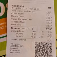 Bill at Prosi Indian Restaurant in Vienna