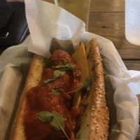 Vegan meatball sub on garlic bread   at Second District Brewing in Philadelphia