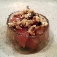 Fruit and walnuts in an agar shell.  Really fresh, sweet taste with interesting texture! at Please in Cincinnati