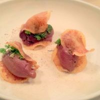 Dessert - chocolate vegan soft-serve ice cream sandwiched between crisp potato chips.  My favorite of our tasting menu! at Please in Cincinnati