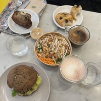 Banana bread, focaccia, the Thai salad (a bit boring and expensive) and the avocado sandwich which was very good! The hot chocolate was a bit watery.  at Maisie Cafe in Paris