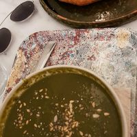 Spinach and chickpea soup (soup of the day) and olive focaccia at Maisie Cafe in Paris
