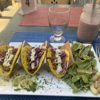 Three Jackfruit Tacos w/salad (tacos a little spicy for me) but delicious 😋   at Green Door Cafe in La Jolla