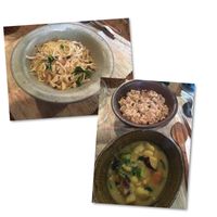 Mushroom pasta and coconut curry  at Vegetus Sara in Kagoshima
