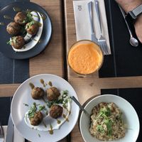 Millet, leek, and mushroom croquettes + garlic and coriander açorda at Vegan Joe's  in Loule
