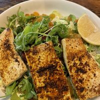 Salad with shaved Brussels and blackened tofu on top  at Prison City Pub and Brewery in Auburn