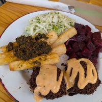 Cauliflower fritters with slaw, yucca fries, and beets at The Canteen  in Provincetown
