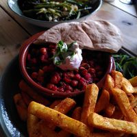 Vegan special and salad at Caffi Caban Cafe in Brynrefail