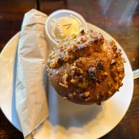 Vegan banana nut muffin with vegan butter and wrapped tortillas for Vegan Scrambled at Aunt Yese's Home Cooking in Garden Grove