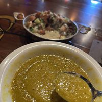 Fava bean appetizer (yum) in background and lentil soup  at The Casbah in Jacksonville