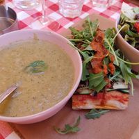 Gaspacho, pizza and side salad at Square Delicatessen in Strasbourg