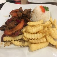 Seitan with rice and fries- really good at Sabor Peruano in Santa Fe