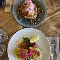 coconut pancakes. avocado on house seed loaf at KYOsk Cafe in Ocean Grove