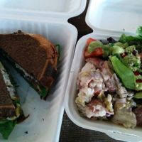 roast beast sandwich and half potato salad/half wild greens salad at The Very Good Butchers in Victoria