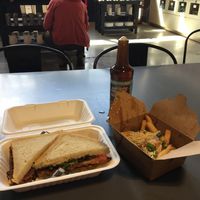 Gblt with tempeh bacon & avo and a side of poutine with a root beer at The Very Good Butchers in Victoria