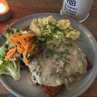 Vegan Schnitzel with potato salad side. Also, Tegernseer Lager   at SIGGIS v/gan dine & co. in Munich