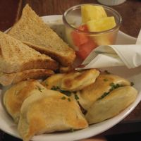 The vegan brunch. cashew dill sauce, perogies, fresh fruit and toast at House of Targ in Ottawa