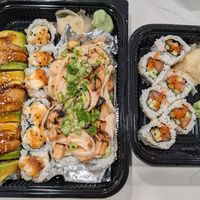 Left to right: green dragon roll, vegan baked spicy scallop roll, gogo roll, vegan spicy tuna roll at Kiku Sushi in Berkeley