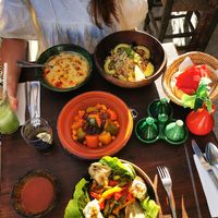 All vegan, Quinoa Salade, bean soup, couscous salad and another salade   at Zeitoun Cafe in Marrakech