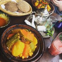 Vegetable cous cous and vegetable tajine at Zeitoun Cafe in Marrakech