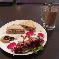 Sumac Tofu Sandwich and Tahini Mocha Smoothie at Bodhi Greens in Dharamshala