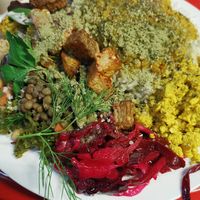 Rainbow of foods at Manchester Vegan Cafe in Manchester