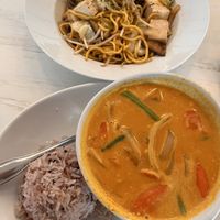 Chow mein and yellow curryy  at Grains  in San Diego