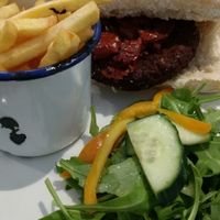 falafel burger, fries and salad at Chapter 17 in Hebden Bridge