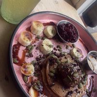 Buckwheat pancakes and kombucha  at The Longhouse Cafe in Brighton
