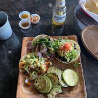 My three amazing vegano tacos with squash and rice and beans sides.   at La Santisima in Phoenix
