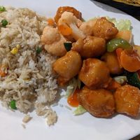 Sweet & Sour pork with rice at Vegie Bowl in Springvale