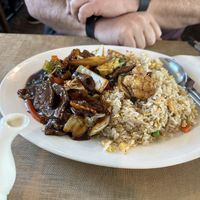 “Beef” with black bean sauce and rice  at Vegie Bowl in Springvale