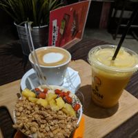 Almond milk cappuccino, "vegan goodness" energy bowl and "scarface" juice at JOIN Juice Bars - Paleon Patron Germanou in Thessaloniki