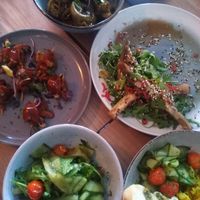 Chinese eggplant salad, side salad, beef negimaki, dumplings, and kofta mezze bowl at The Botanist in Wellington