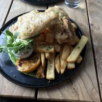Vegan fish and chips, wish mushy peas and tartare sauce (using banana blossom for the ‘fish') at The Botanist in Wellington