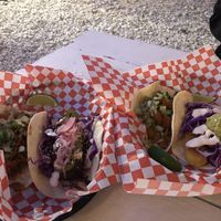 Al pastor x2, bbq short rib and del rey fish tacos.  at The Vegan Nom - E Cesar Chavez  in Austin