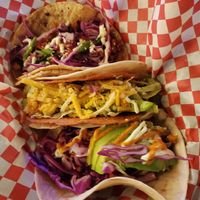 Korean BBQ, double decker and fish taco at The Vegan Nom - E Cesar Chavez  in Austin