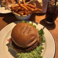 Falafel burger with sweet potato fries   at Smithy's Tavern in Huez