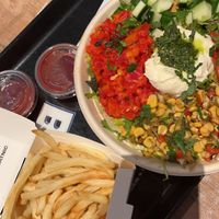 burrata bliss salad and air-baked fries with beet ketchup  at Beatnic - Williamsburg in Brooklyn