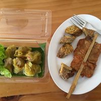 Dumplings, sausage, and deep-fried tofu/bean curd at Vegetarian Food Ratsamitham Foundation in Chiang Mai