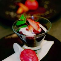 Orange zest and coconut black rice pudding with fruit compote at Lime in Galway