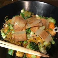 Vegan Singapore noodles with vegan bacon at Lime in Galway