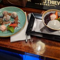 Vegan chocolate truffles on the left, vegan black rice pudding on the right at Lime in Galway