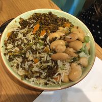 Two types of lentils with plain rice at Kitniya in Tel Aviv