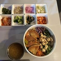 Mixed grain tofu bowl with side of tofu pancakes. Everything else comes with! Cilantro salad (upper left) was amazing. at Mixed Grain in Walnut Creek