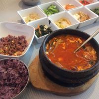 Veggie Soft Tofu Stew with rice and other sides at Mixed Grain in Walnut Creek