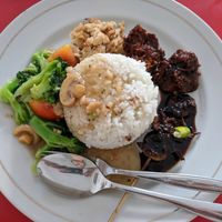 Steamed rice, brocoli with mushroom and some mock meat. at Alay Vegetarian in Singaraja